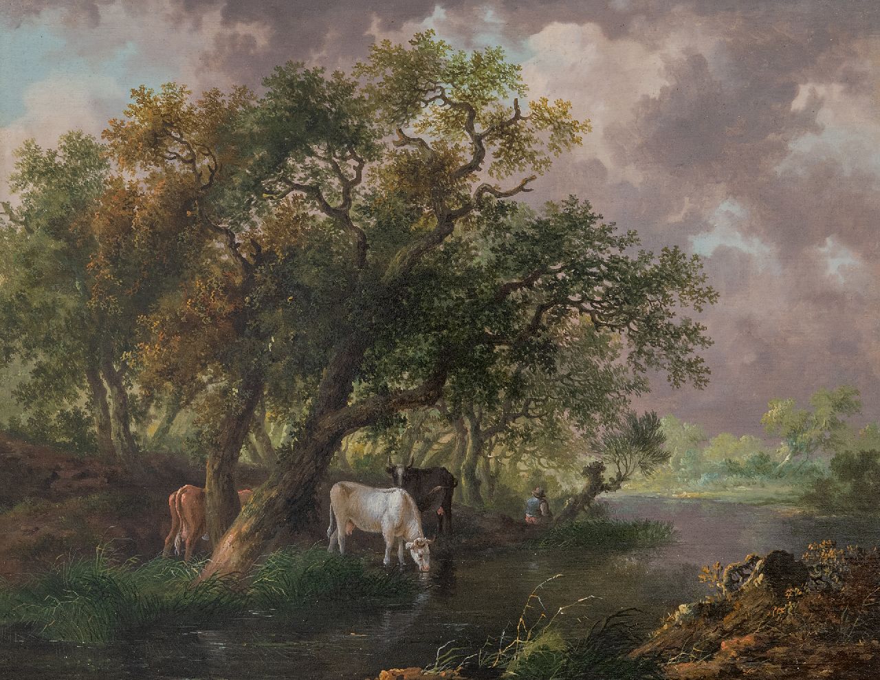 Renard F.T.  | Fredericus Theodorus Renard | Schilderijen te koop aangeboden | Drinkend vee bij een rivier, olieverf op paneel 26,5 x 34,3 cm, gesigneerd (onduidelijk) verso op etiket en te dateren ca. 1815