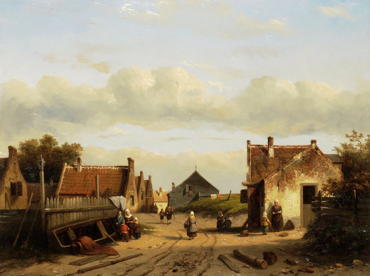 Leickert C.H.J.  | 'Charles' Henri Joseph Leickert | Schilderijen te koop aangeboden | Bedrijvigheid in Hollands dorpje aan de kust, olieverf op paneel 30,2 x 39,8 cm, gedateerd 1851