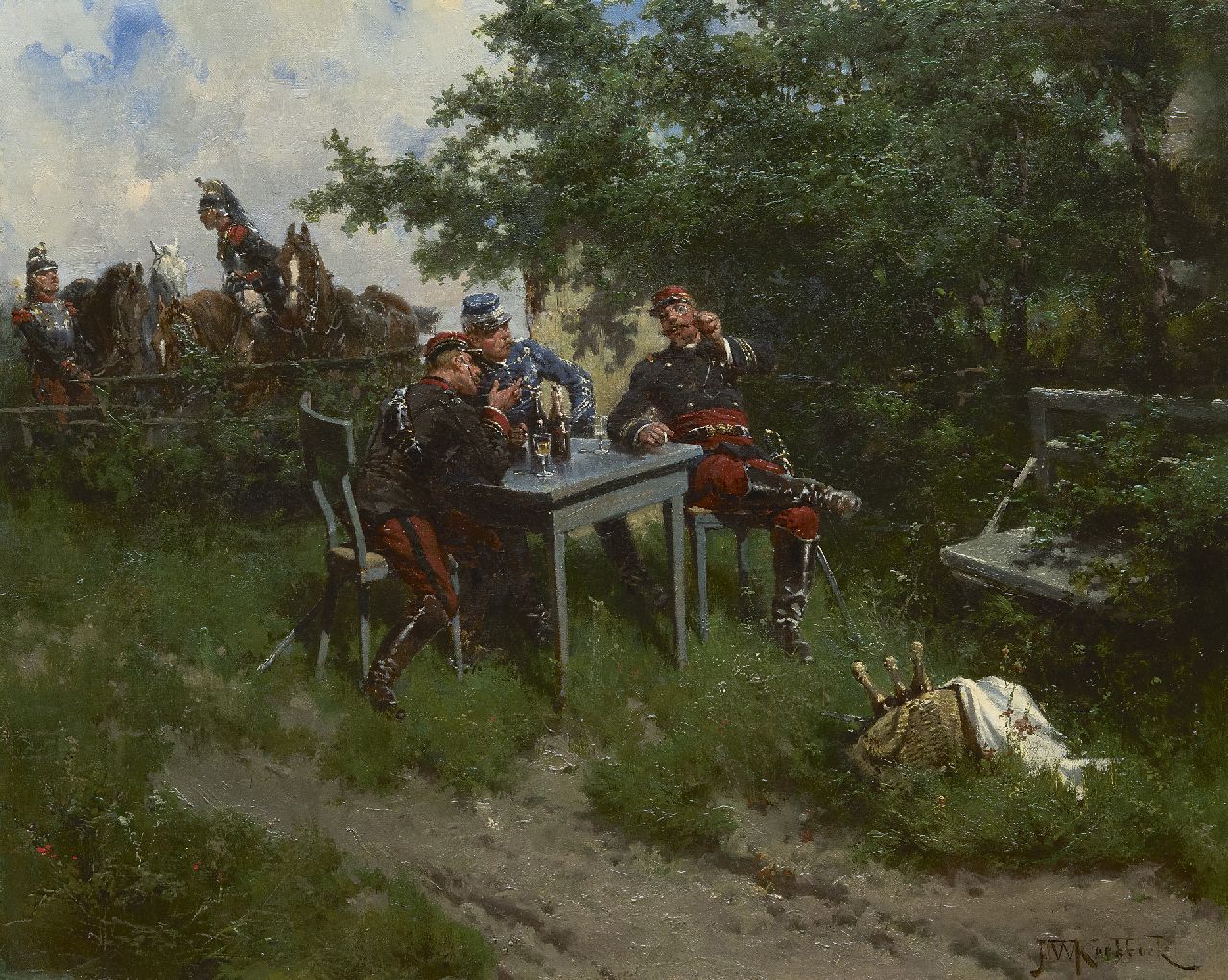 Koekkoek H.W.  | Hermanus Willem Koekkoek, Franse officieren en bereden kurassiers op oefening, olieverf op doek 43,5 x 53,2 cm, gesigneerd rechtsonder en te dateren 1892  VERKOCHT