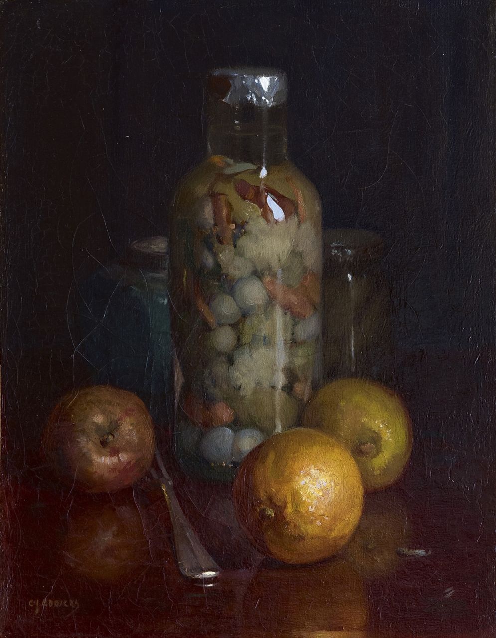 Addicks C.J.  | 'Christiaan' Johannes Addicks, Stilleven met glazen weckpot en fruit, olieverf op doek 35,8 x 27,8 cm, gesigneerd linksonder