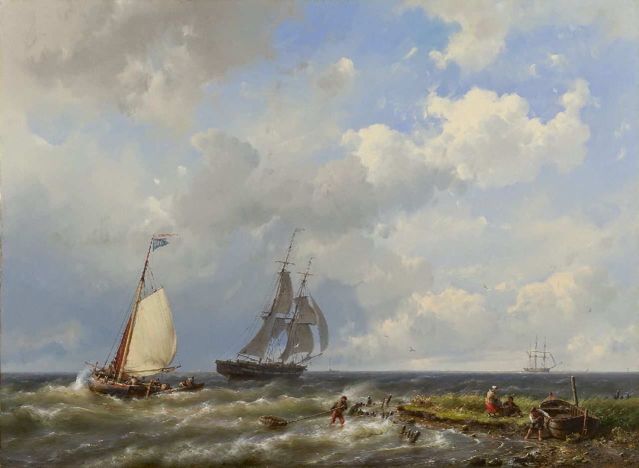 Koekkoek H.  | Hermanus Koekkoek, Laverende tjalk en brik voor de kust, olieverf op doek 55,6 x 75,4 cm, gesigneerd rechtsonder en gedateerd 1858  VERKOCHT