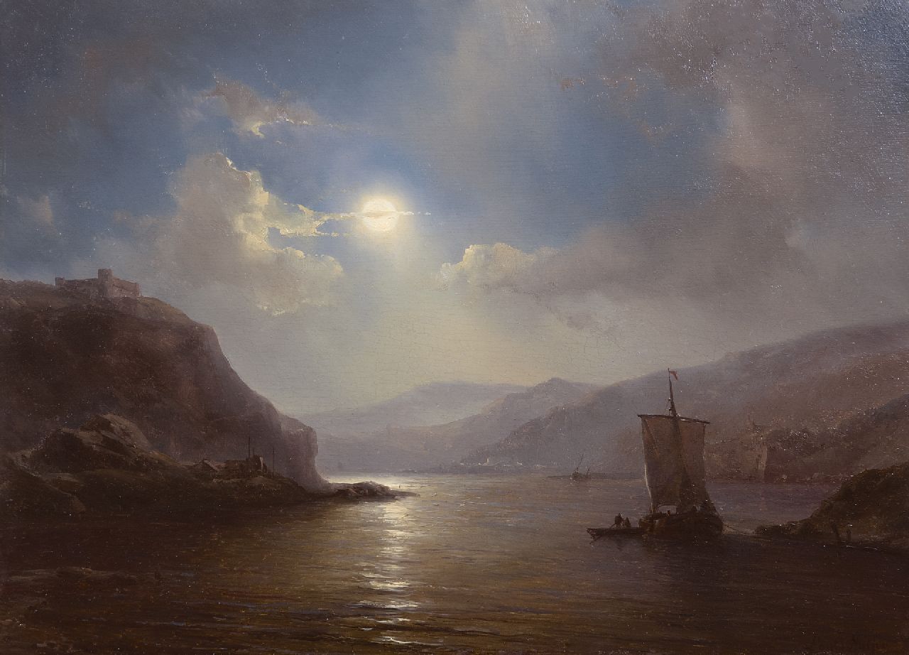 Meijer J.H.L.  | Johan Hendrik 'Louis' Meijer | Schilderijen te koop aangeboden | Rivier met afgemeerd schip bij maanlicht, olieverf op paneel 30,0 x 41,4 cm, gesigneerd rechtsonder