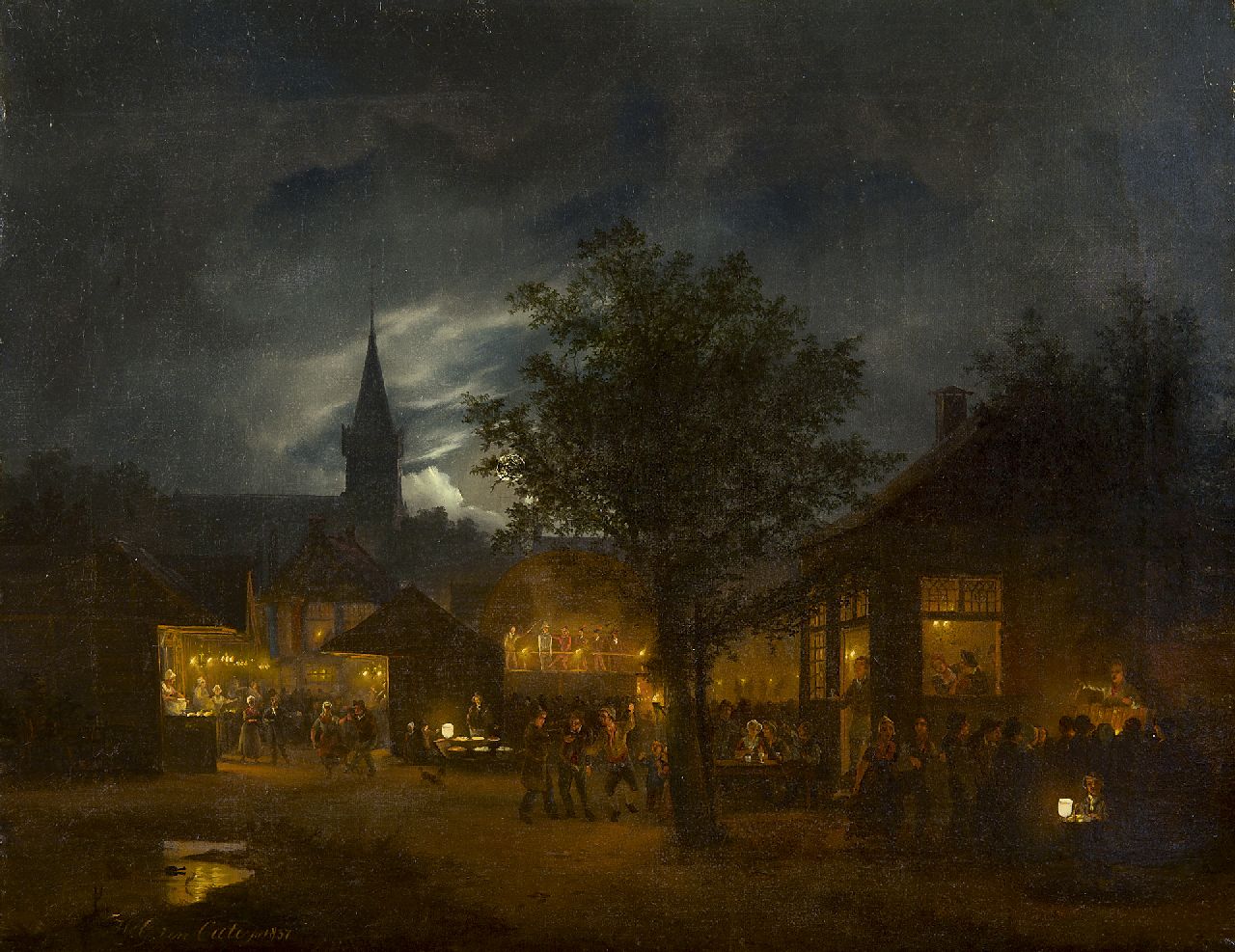 Cate H.G. ten | Hendrik Gerrit ten Cate, Jaarmarkt bij maanlicht, olieverf op doek 33,4 x 43,0 cm, gesigneerd linksonder en gedateerd 1837