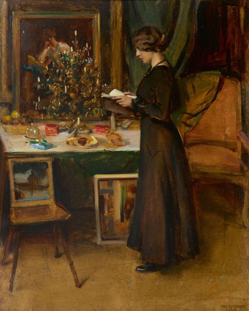Rimböck M.  | Max Rimböck, Jonge vrouw bij een kerstboom, olieverf op schildersboard 63,2 x 51,1 cm, gesigneerd rechtsonder en gedateerd 1918