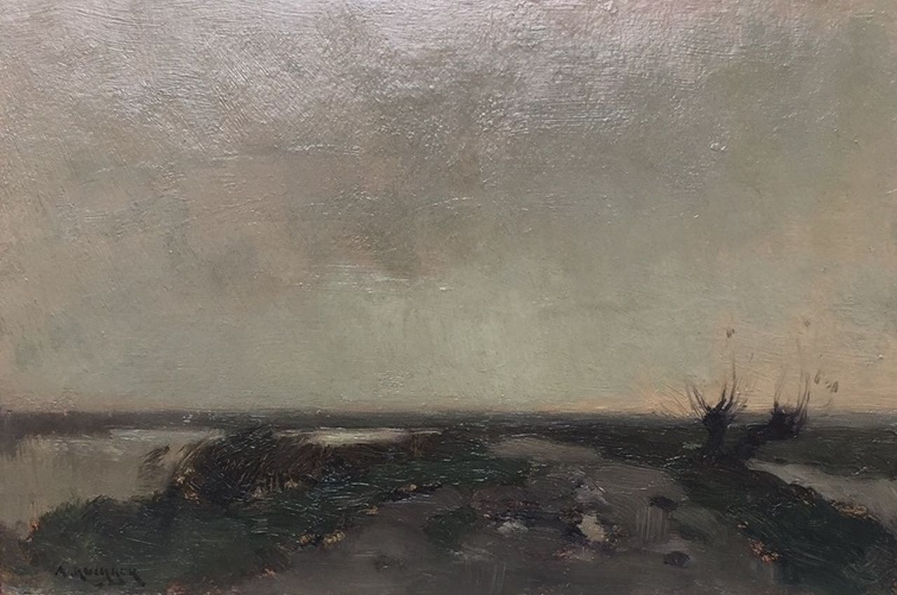 Knikker A.  | Aris Knikker, Polderlandschap, olieverf op board op paneel 17,3 x 26,2 cm, gesigneerd linksonder
