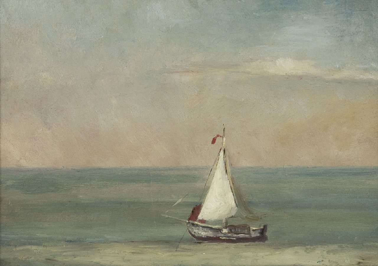 Mesdag H.W.  | Hendrik Willem Mesdag, Stille zee met wit zeilscheepje, olieverf op papier op paneel 21,8 x 30,2 cm