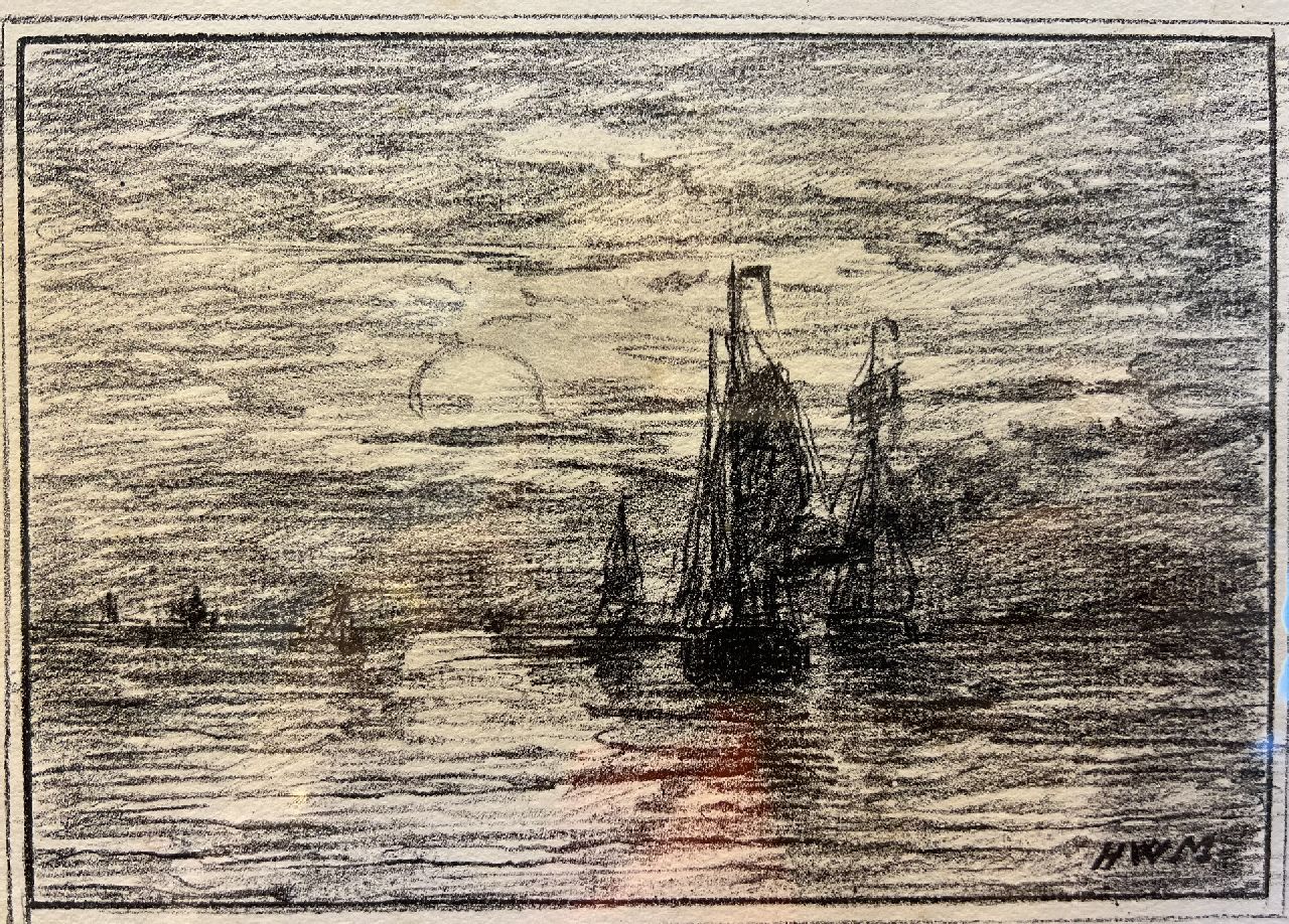 Mesdag H.W.  | Hendrik Willem Mesdag, Schepen bij ondergaande zon, litho 12,5 x 17,5 cm, gesigneerd rechtsonder