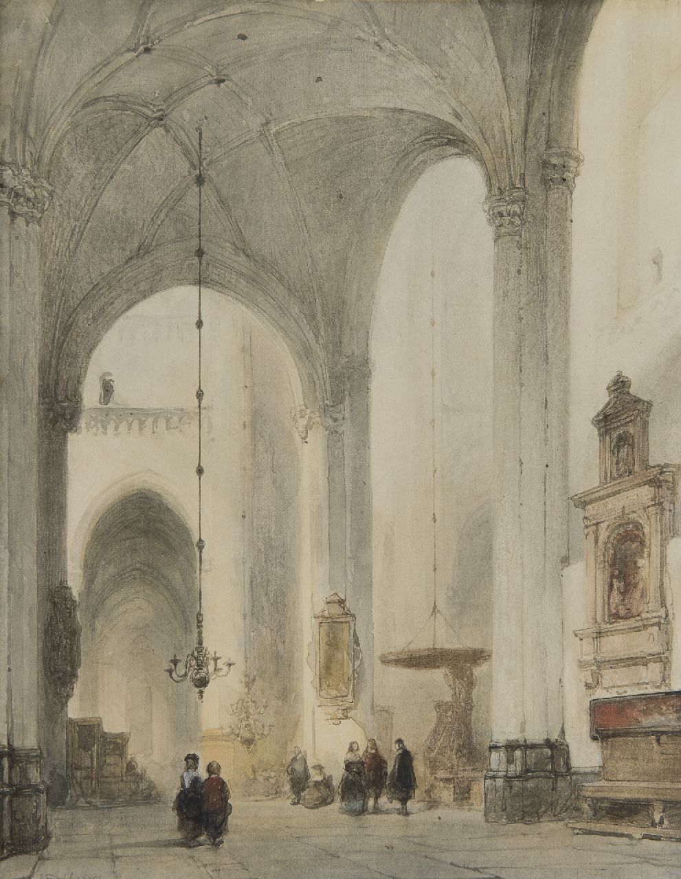 Bosboom J.  | Johannes Bosboom, Kerkinterieur (Grote Kerk van Breda), aquarel op papier 38,3 x 29,8 cm, gesigneerd linksonder