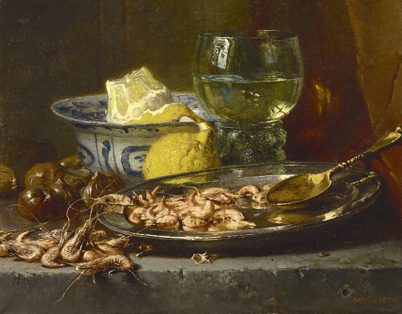 Vos M.  | Maria Vos, Stilleven met garnalen en wijnroemer, olieverf op doek 33,5 x 42,0 cm, gesigneerd rechtsonder en gedateerd 1874