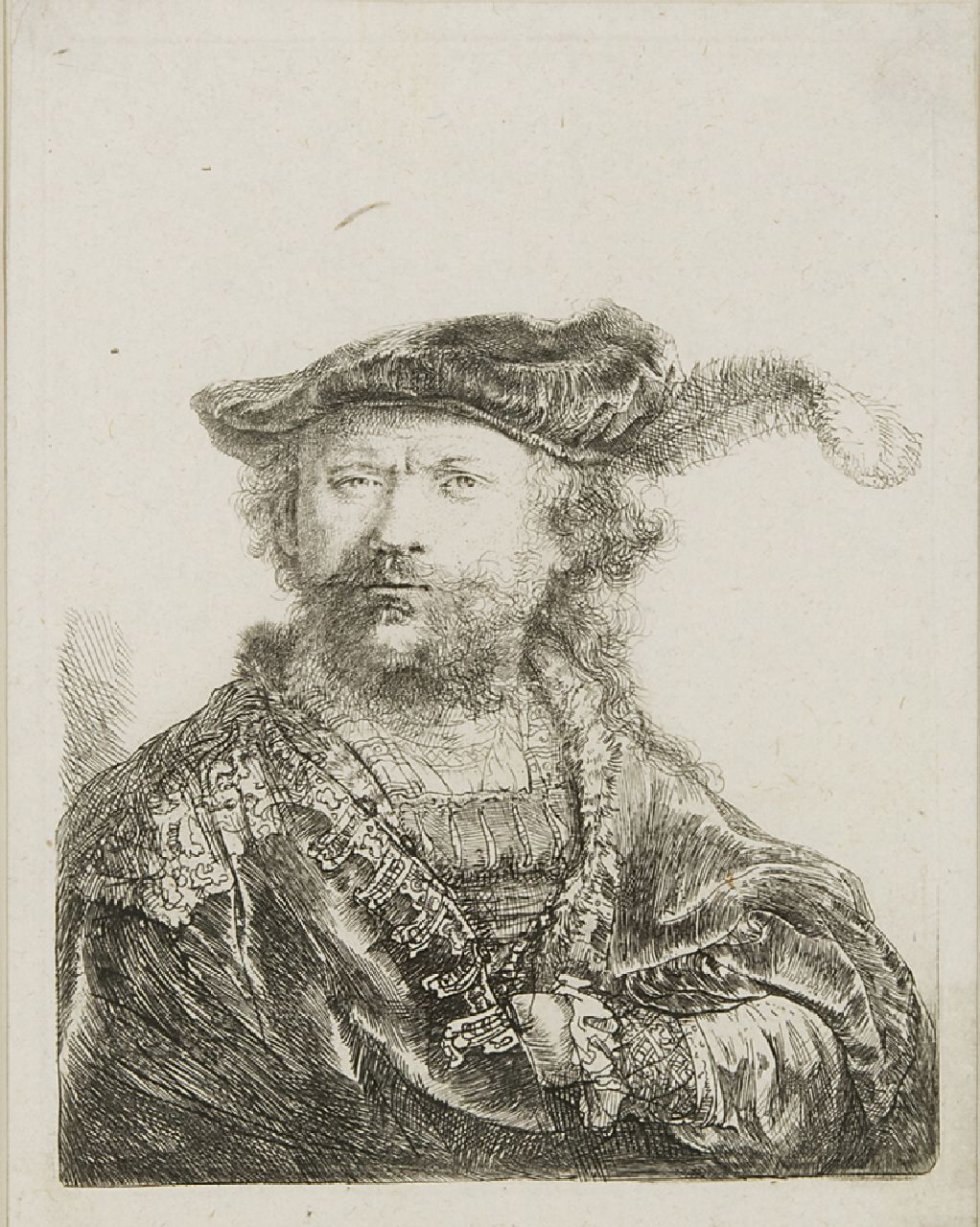 Rembrandt (Rembrandt Harmensz. van Rijn)   | Rembrandt (Rembrandt Harmensz. van Rijn), Zelfportret met gepluimde fluwelen baret, ets op papier 13,5 x 10,4 cm
