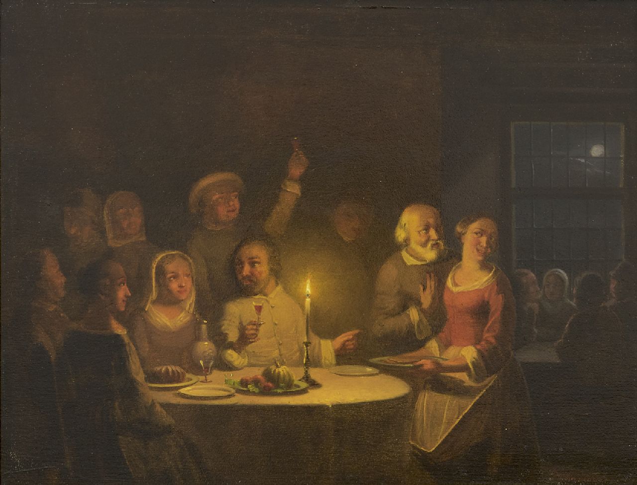 Sjamaar P.G.  | Pieter Gerardus Sjamaar | Schilderijen te koop aangeboden | Vrolijk gezelschap bij kaarslicht, olieverf op paneel 21,9 x 28,4 cm, gesigneerd rechtsonder