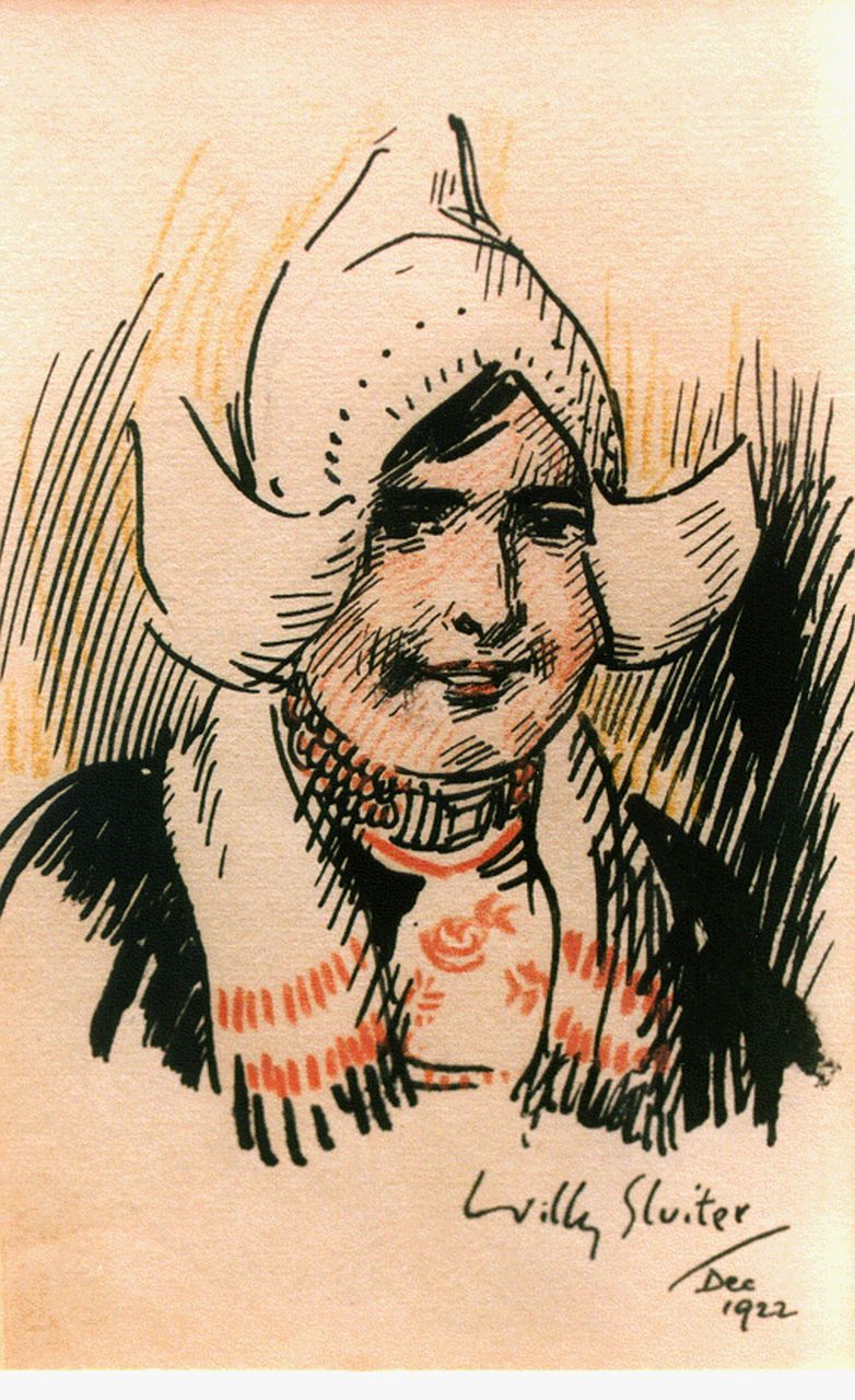 Sluiter J.W.  | Jan Willem 'Willy' Sluiter, Volendams meisje, Oost-Indische inkt op papier 15,5 x 9,5 cm, gesigneerd rechtsonder en gedateerd 1922