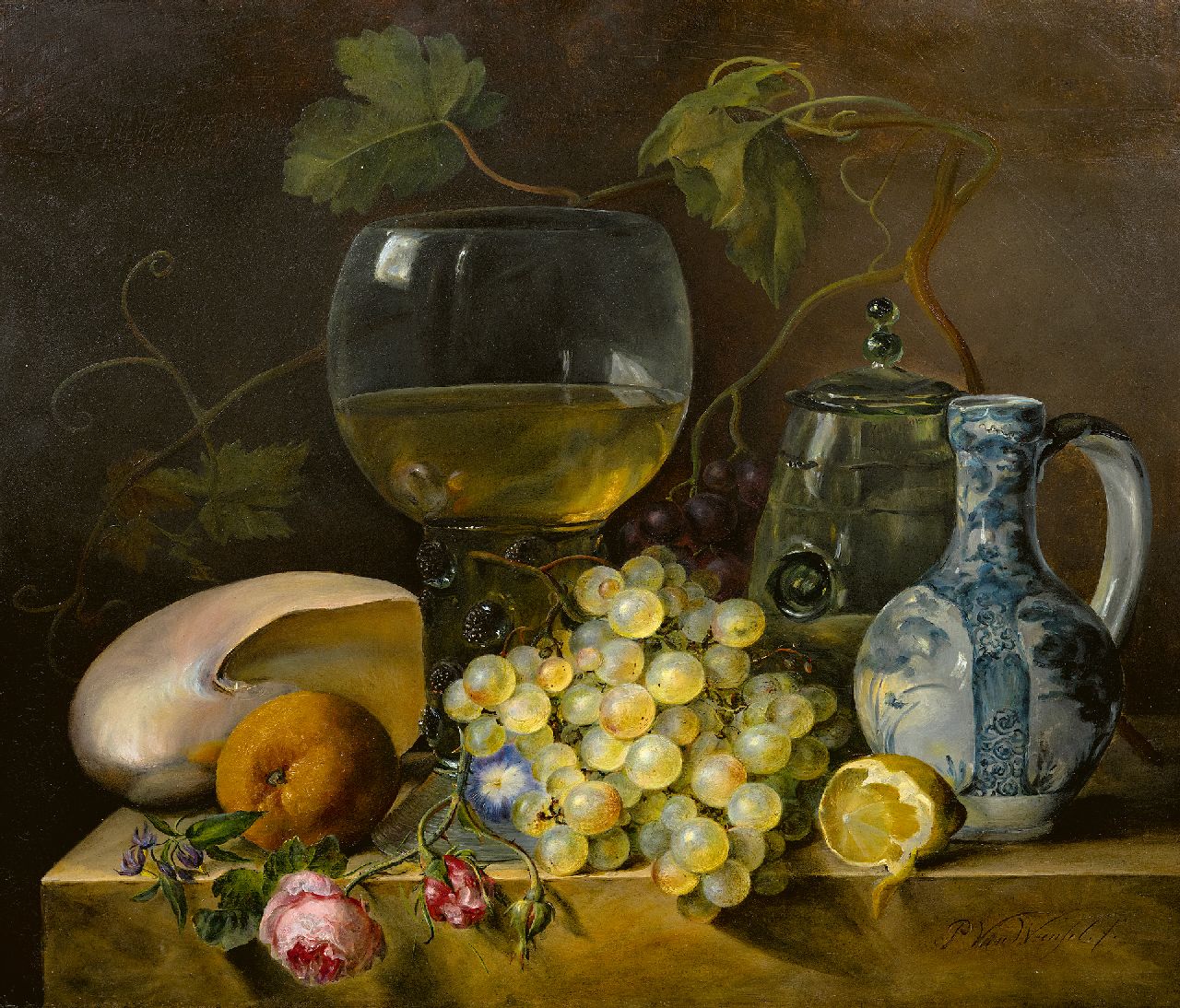 Woensel P. van | Petronella van Woensel, Stilleven met een roemer, schelp en druiven, olieverf op paneel 50,8 x 58,9 cm, gesigneerd rechtsonder
