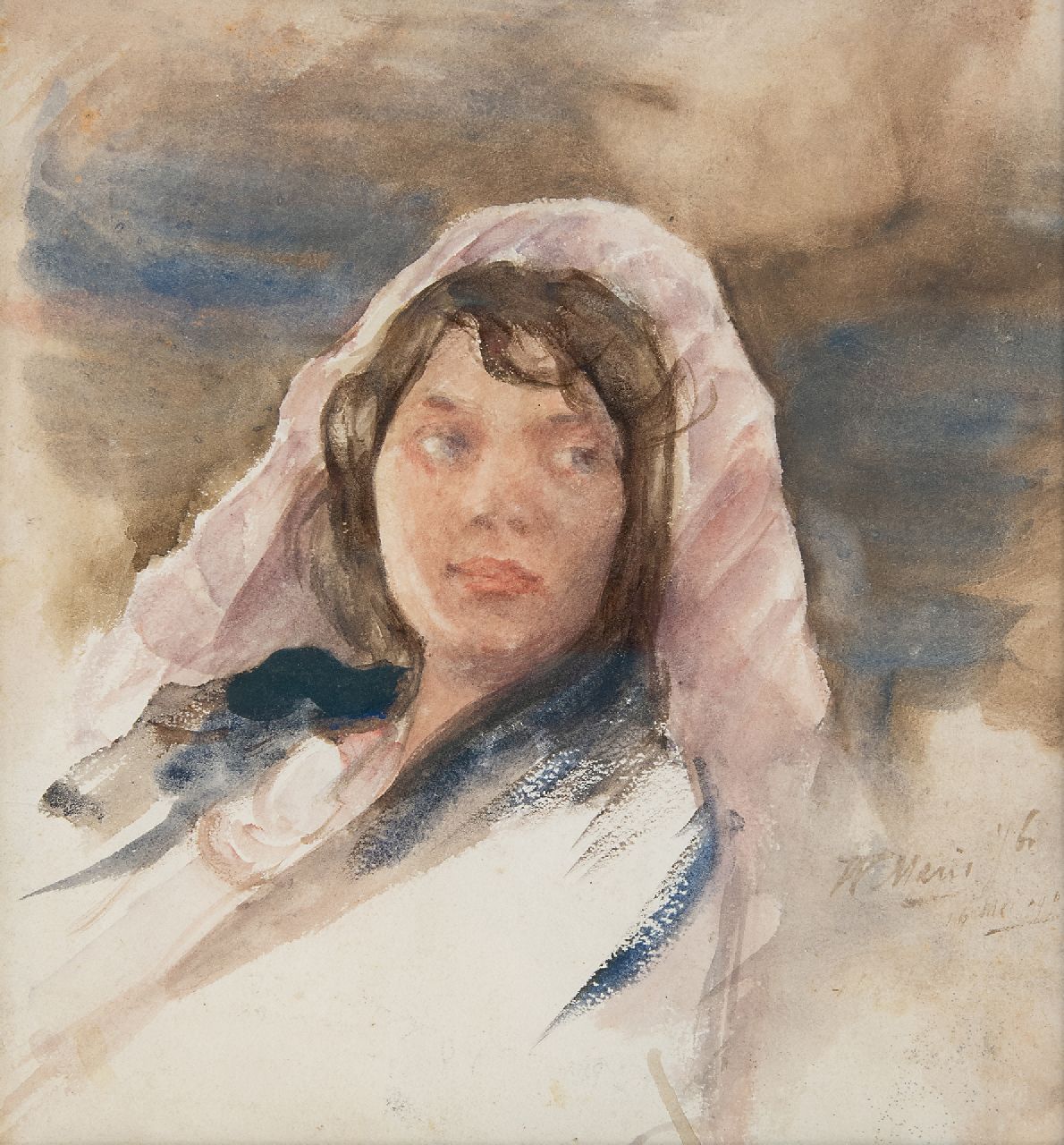 Maris W.M.  | 'Willem' Matthijs Maris | Aquarellen en tekeningen te koop aangeboden | Jonge vrouw met cape, aquarel op papier 24,2 x 22,1 cm, gesigneerd rechtsonder en gedateerd 16 mei 1903