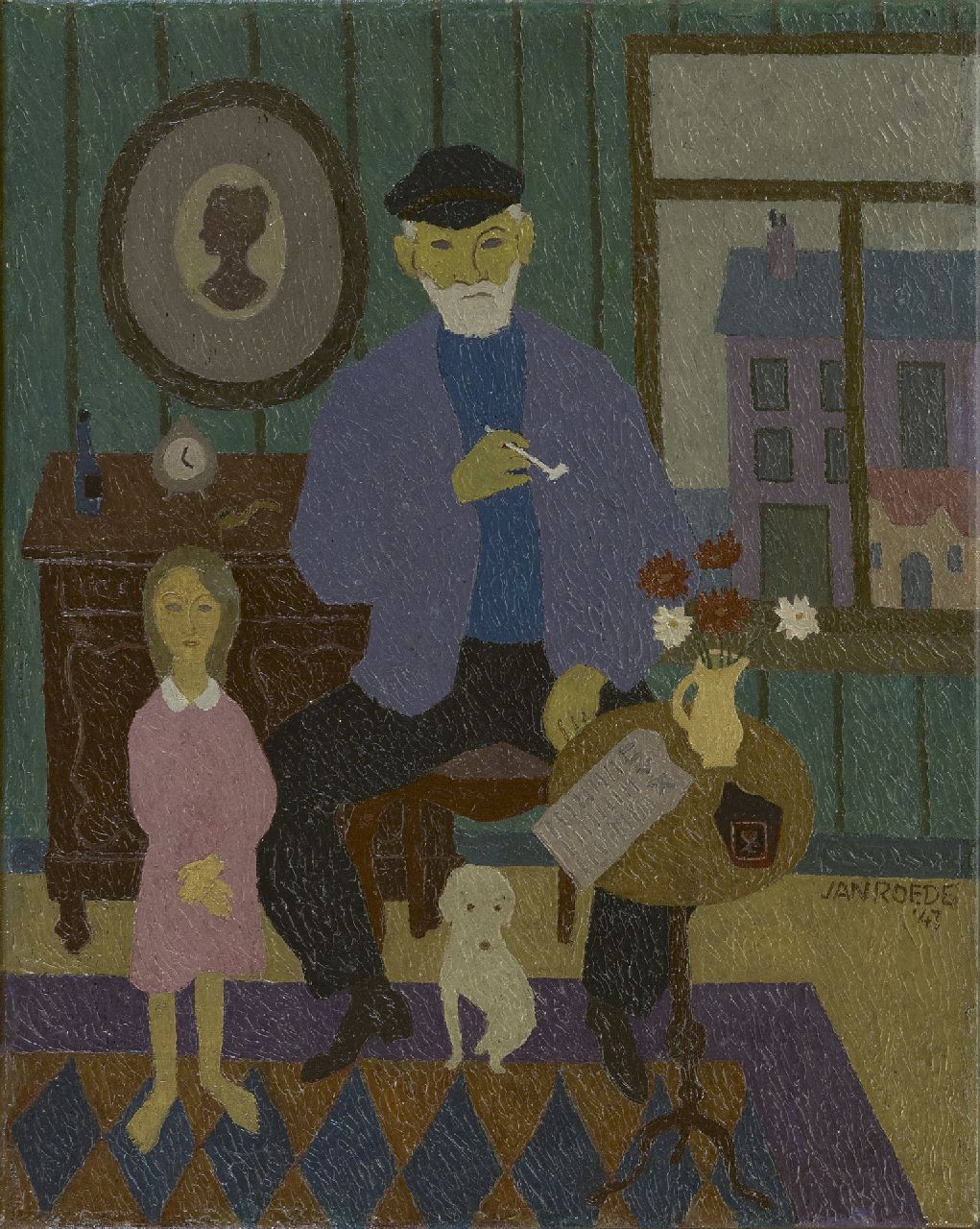 Roëde J.  | Jan Roëde | Schilderijen te koop aangeboden | Grootvader en kleindochter, olieverf op doek 50,5 x 40,4 cm, gesigneerd rechtsonder en gedateerd '43