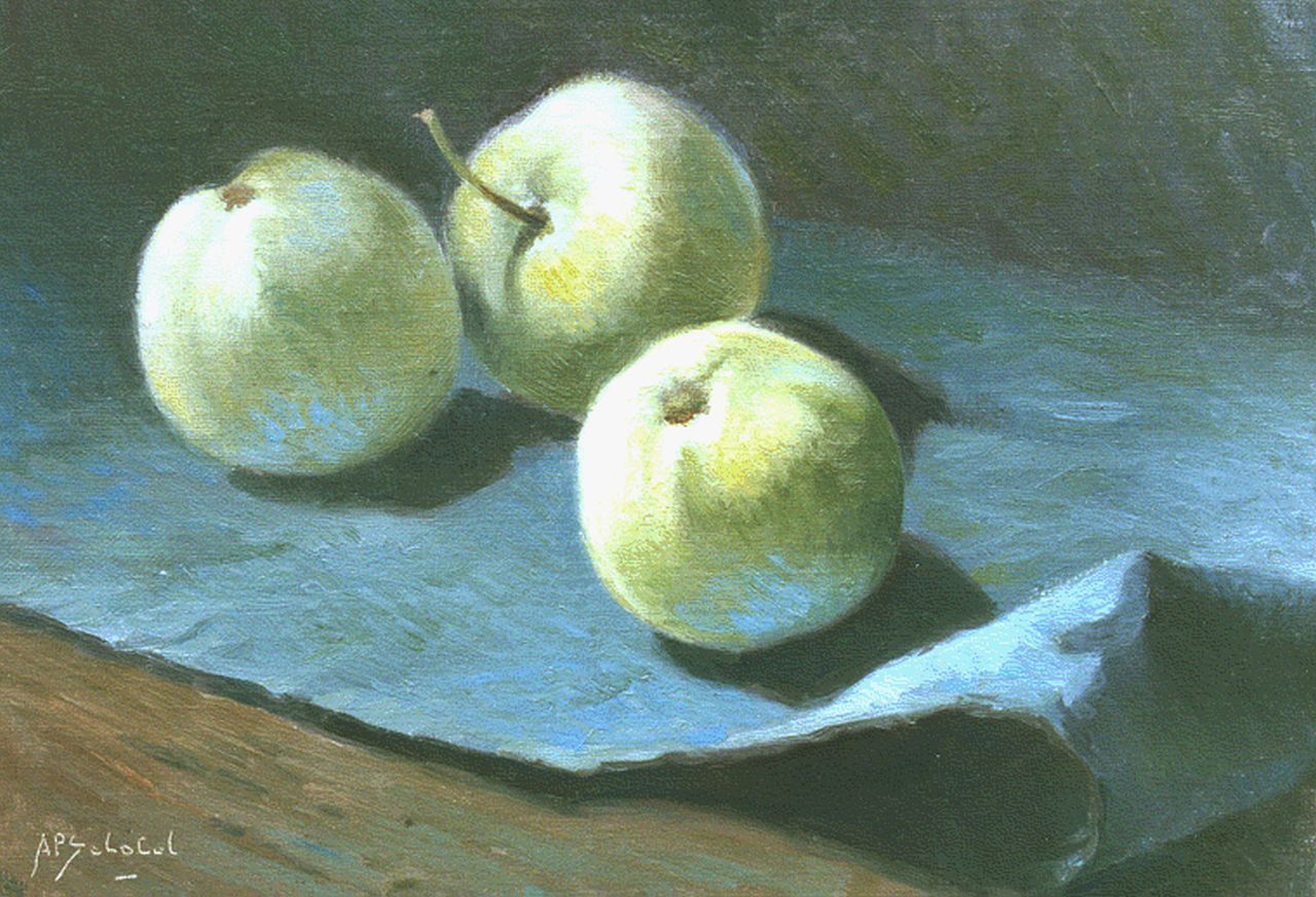 Schotel A.P.  | Anthonie Pieter Schotel, Drie appels, olieverf op doek op paneel 21,8 x 30,3 cm, gesigneerd linksonder