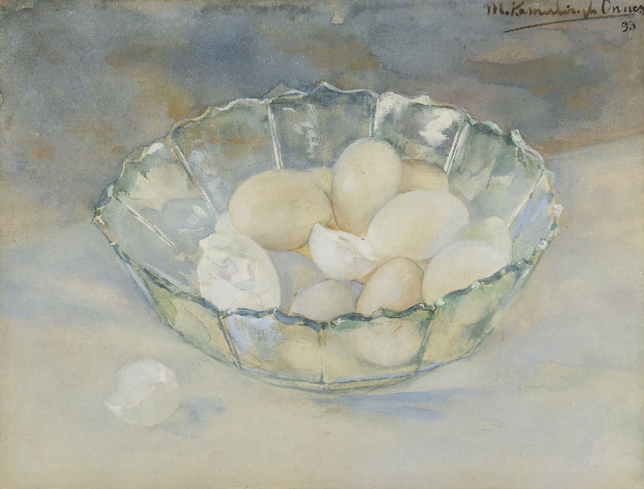 Kamerlingh Onnes M.  | Menso Kamerlingh Onnes, Kristallen schaal met eieren, aquarel op papier 29,8 x 39,1 cm, gesigneerd rechtsboven en gedateerd '93