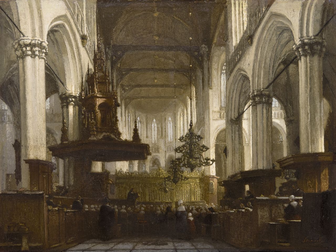 Schenkel J.J.  | Jan Jacob Schenkel, Dienst in de Nieuwe Kerk in Amsterdam, olieverf op doek 45,8 x 59,0 cm, gesigneerd rechtsonder