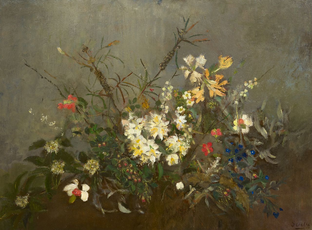 Sorella (Theresia Ansingh)   | Sorella (Theresia Ansingh) | Schilderijen te koop aangeboden | Voorjaarsbloemen, olieverf op board 75,2 x 99,8 cm, gesigneerd rechtsonder