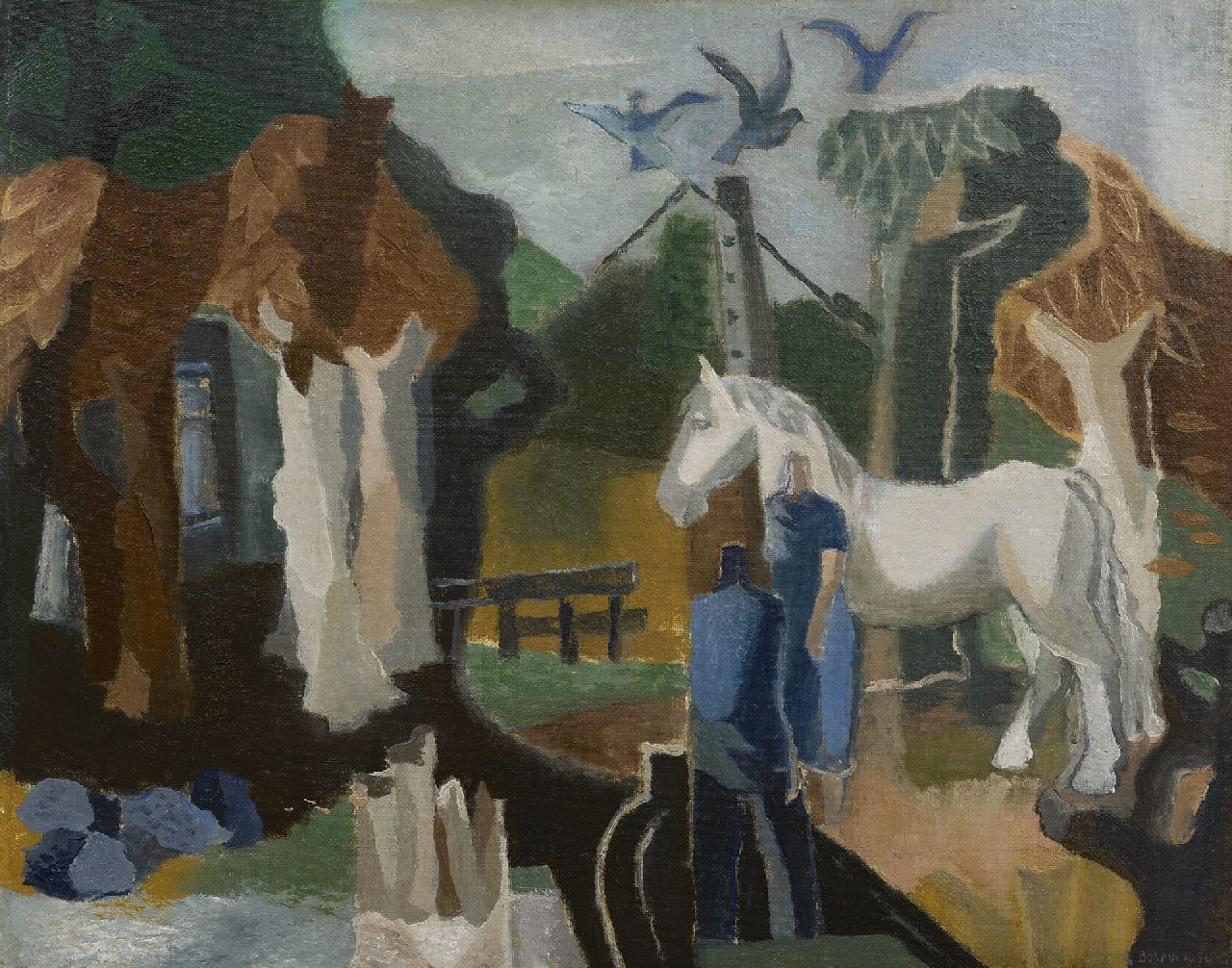 Bosma W.  | Willem 'Wim' Bosma, Man, vrouw en paard bij een boerderij, olieverf op board 59,0 x 74,1 cm, gesigneerd rechtsonder en gedateerd 1950