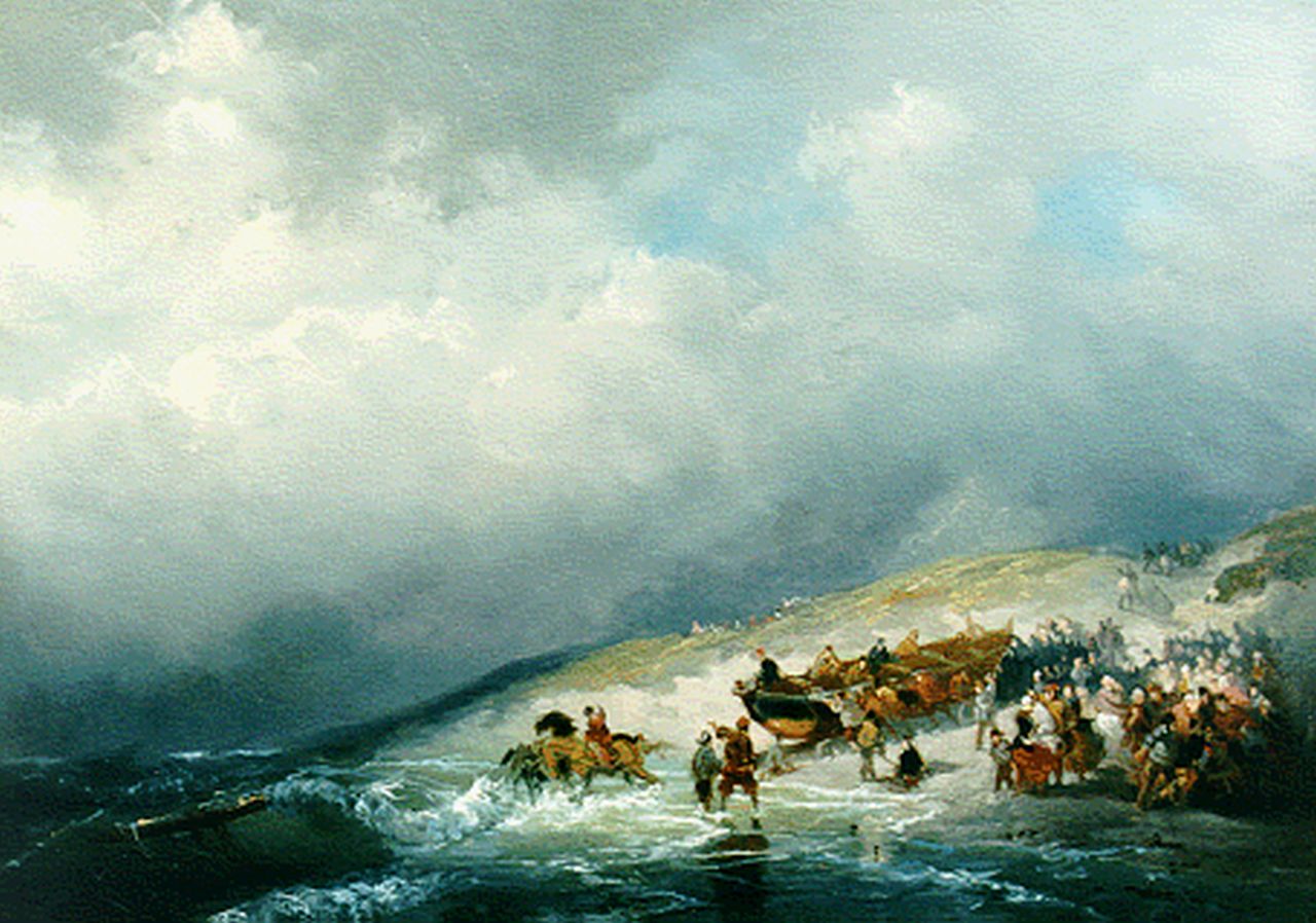 Breuhaus de Groot F.A.  | Frans Arnold Breuhaus de Groot, Paarden trekken de reddingsboot in het water, papier op doek 36,0 x 51,0 cm