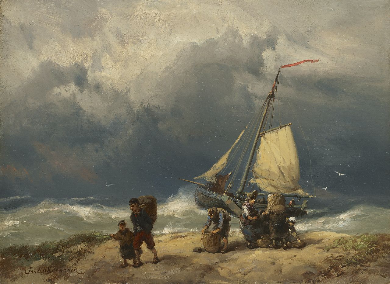 Koekkoek J.H.B.  | Johannes Hermanus Barend 'Jan H.B.' Koekkoek | Schilderijen te koop aangeboden | Vissersvolk op het strand in een storm, olieverf op paneel 17,2 x 23,4 cm, gesigneerd linksonder
