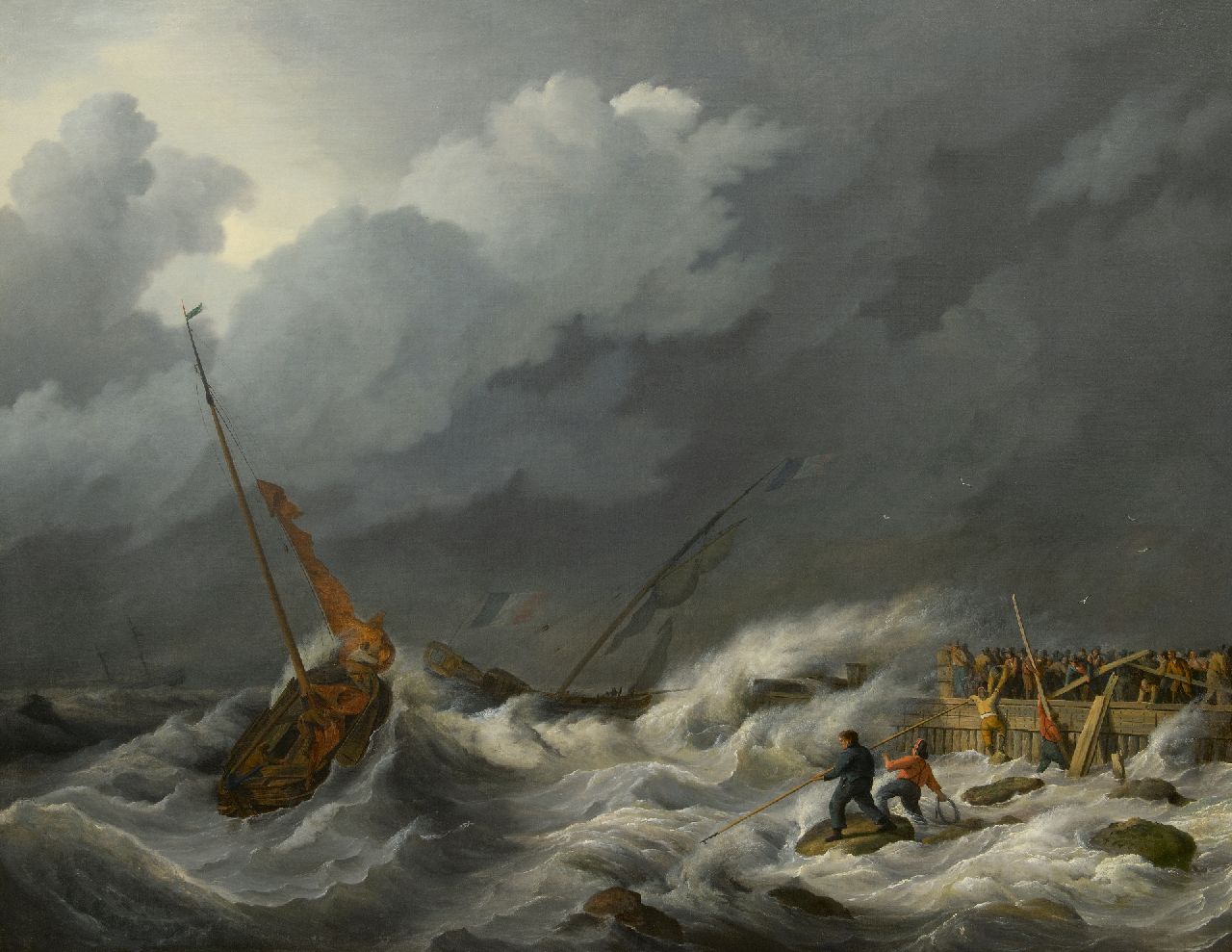 Baur N.  | Nicolaas Baur | Schilderijen te koop aangeboden | Zwaar weer bij het binnenlopen van de haven, olieverf op doek 97,2 x 123,3 cm, ca. 1810