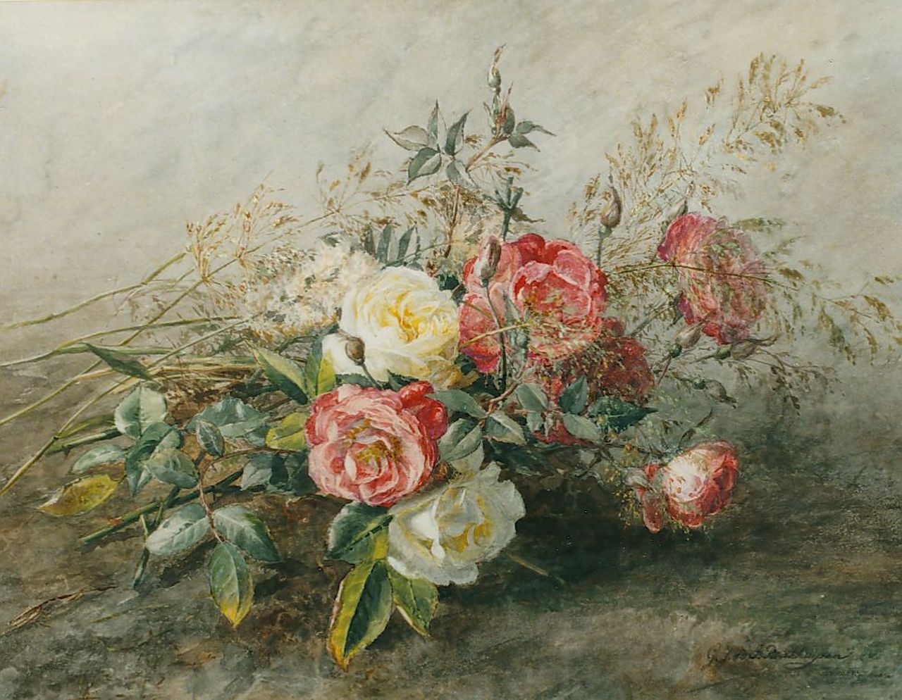 Sande Bakhuyzen G.J. van de | 'Gerardine' Jacoba van de Sande Bakhuyzen, Stilleven van rozen, aquarel op papier 36,0 x 46,0 cm, gesigneerd rechtsonder