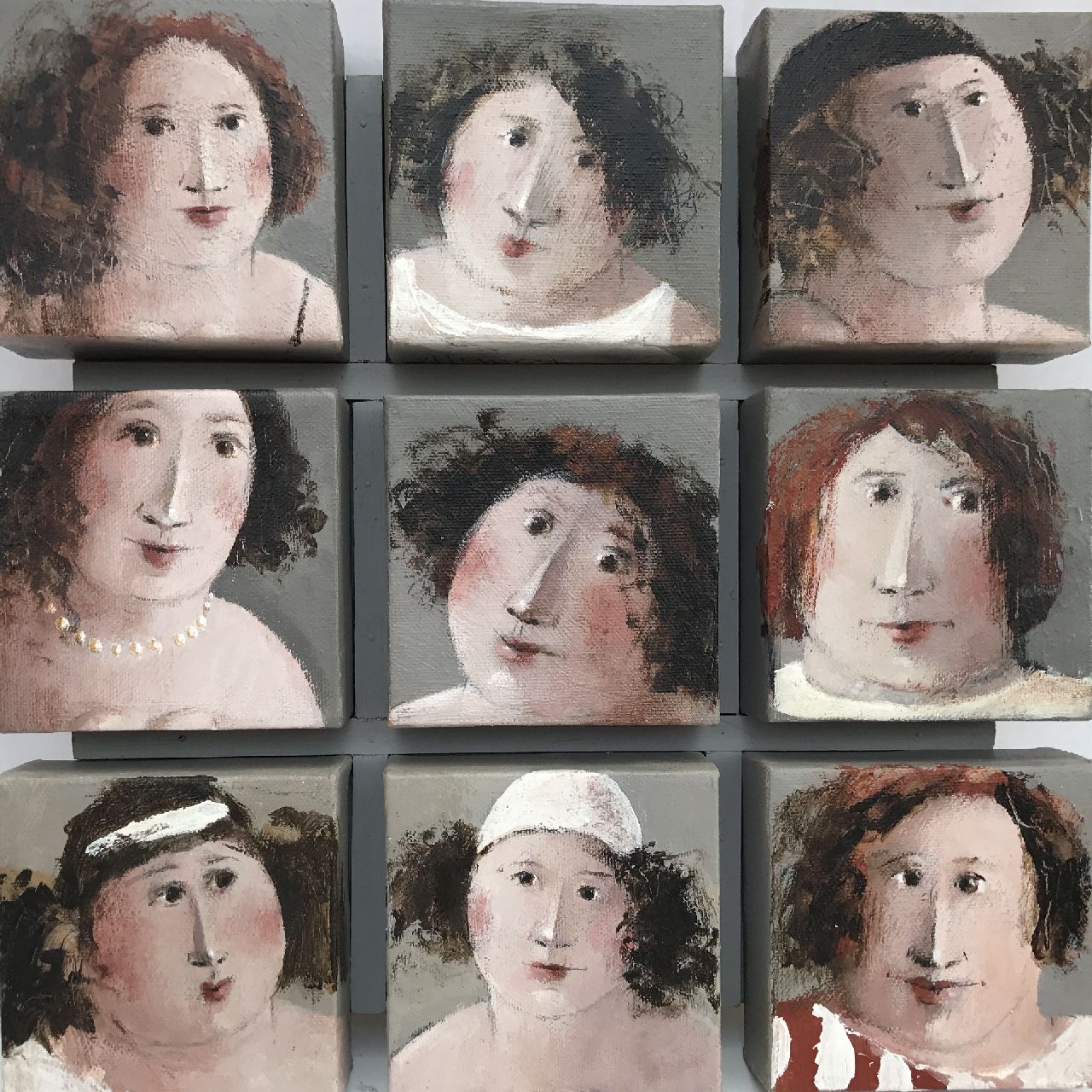 Hemert E. van | Evert van Hemert, Portretjes (9), acryl op doek 32,7 x 33,2 cm, gesigneerd allen onder op doekomslag