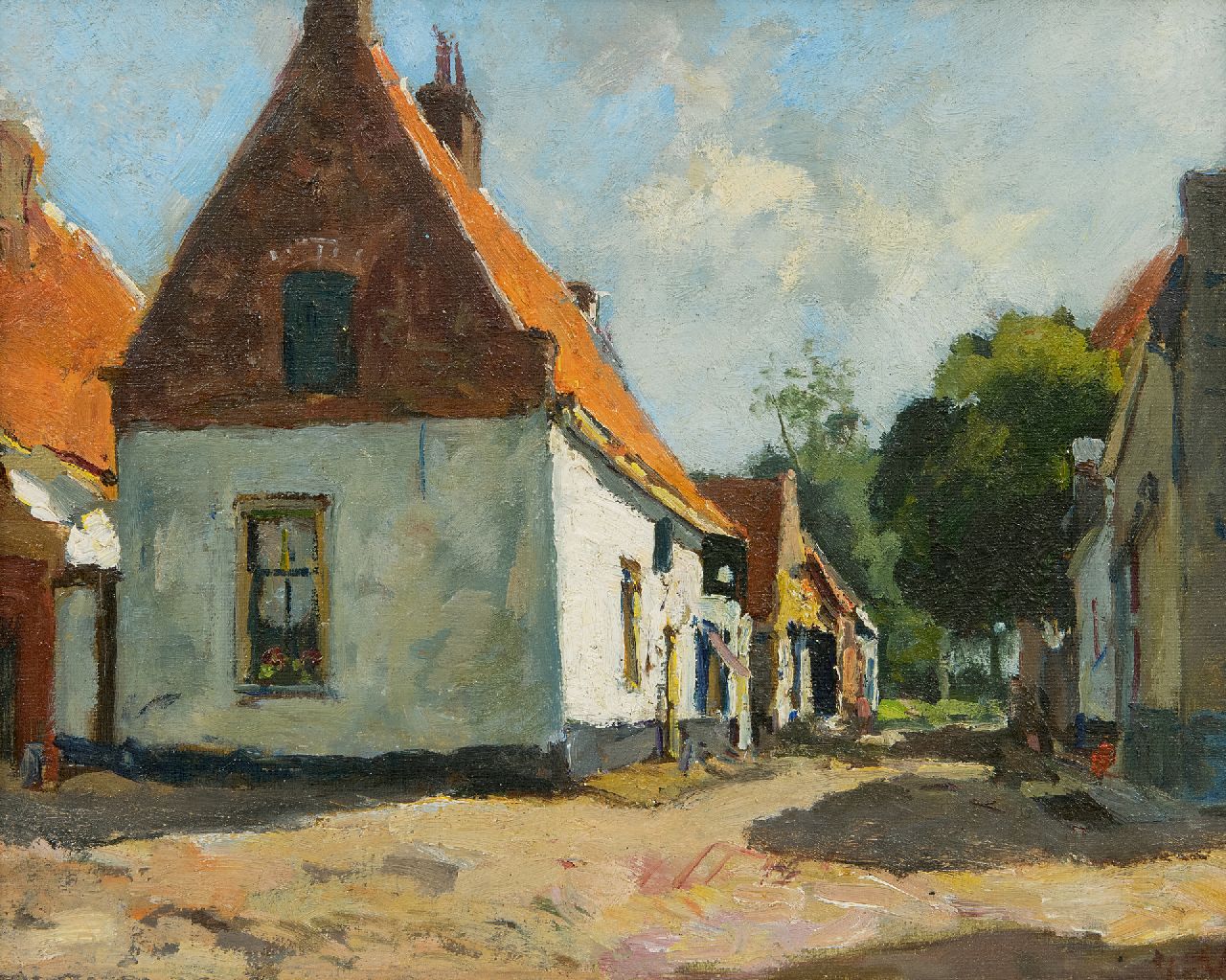 Vuuren J. van | Jan van Vuuren | Schilderijen te koop aangeboden | Zonnig straatje in Elburg, olieverf op doek 24,1 x 30,1 cm, gesigneerd rechtsonder