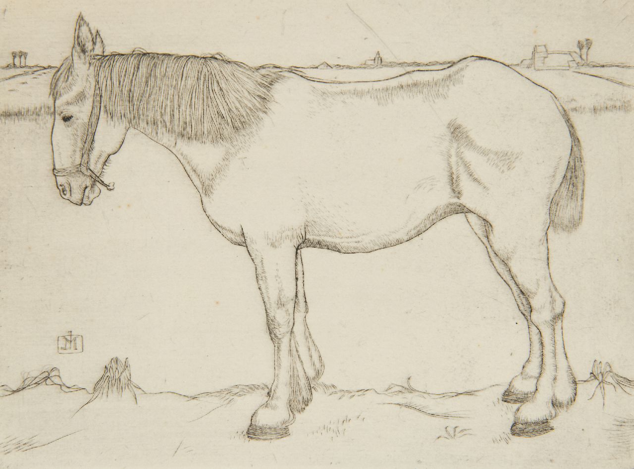 Mankes J.  | Jan Mankes, Staand paard, ets op papier 11,7 x 15,8 cm, gesigneerd links van het midden met monogram in de plaat en te dateren 1917