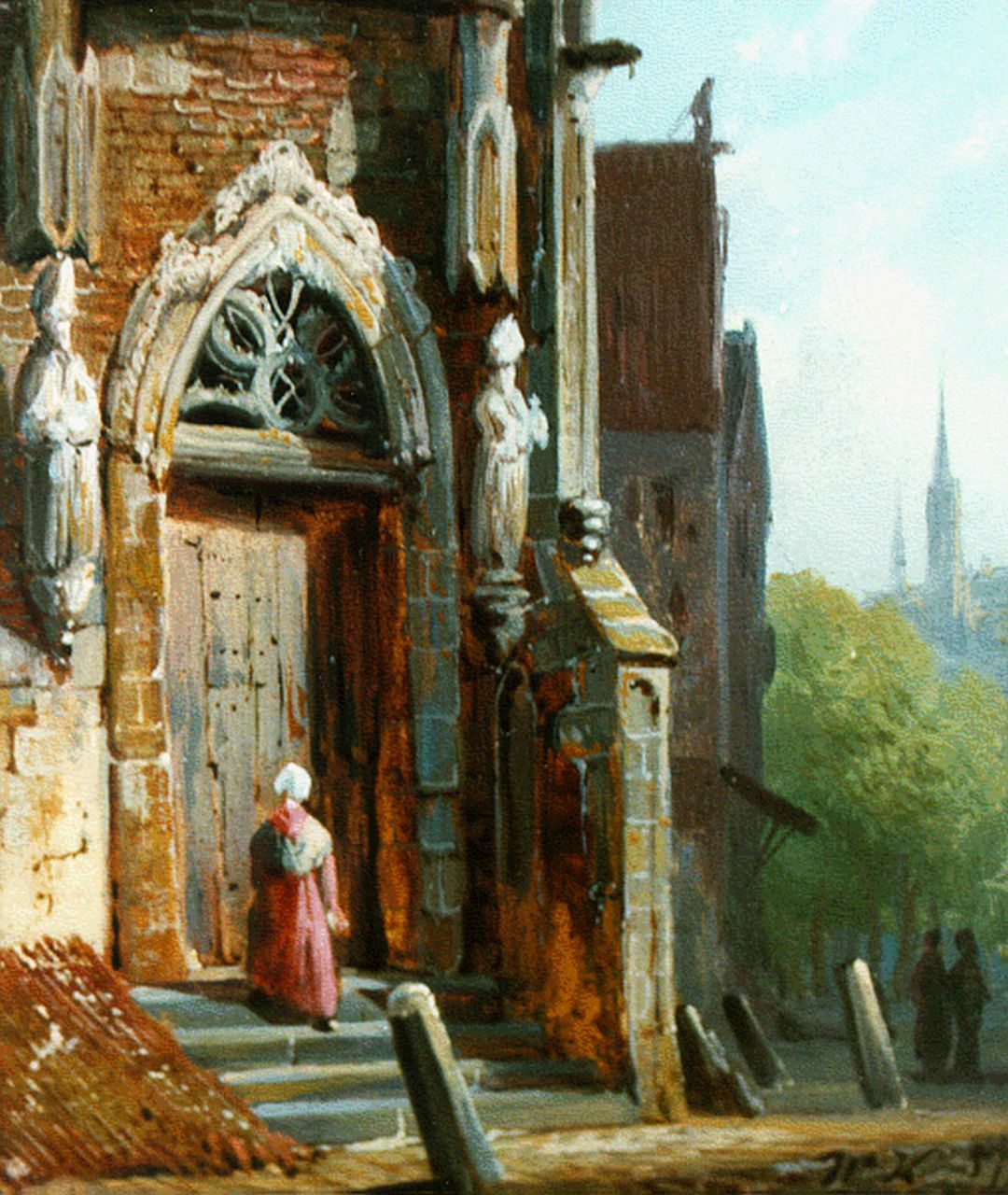 Koekkoek W.  | Willem Koekkoek, Vrouwtje op de trappen van de kerk, olieverf op paneel 10,6 x 8,9 cm, gesigneerd rechtsonder monogram en gedateerd '57