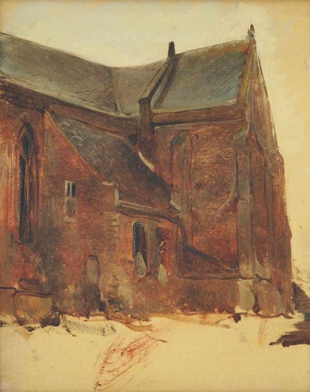 Bosboom J.  | Johannes Bosboom | Schilderijen te koop aangeboden | Exterieurschets van een kerk, olieverf op paneel 30,7 x 25,2 cm