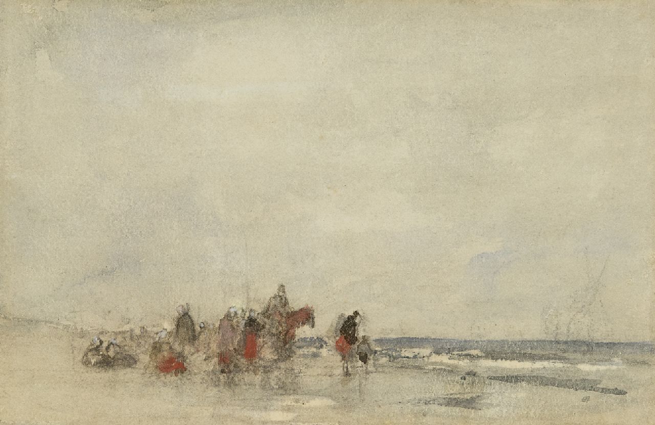 Maris J.H.  | Jacobus Hendricus 'Jacob' Maris, Strand met wachtende vissersvrouwen rondom de lijnhaler, krijt en aquarel op papier 21,0 x 28,7 cm