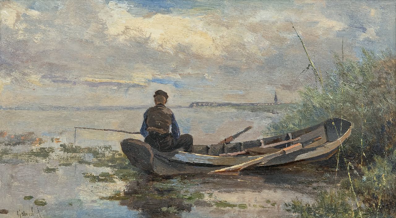 Gabriel P.J.C.  | Paul Joseph Constantin 'Constan(t)' Gabriel, Polderlandschap met visser in een bootje, olieverf op paneel 18,9 x 32,7 cm, gesigneerd linksonder