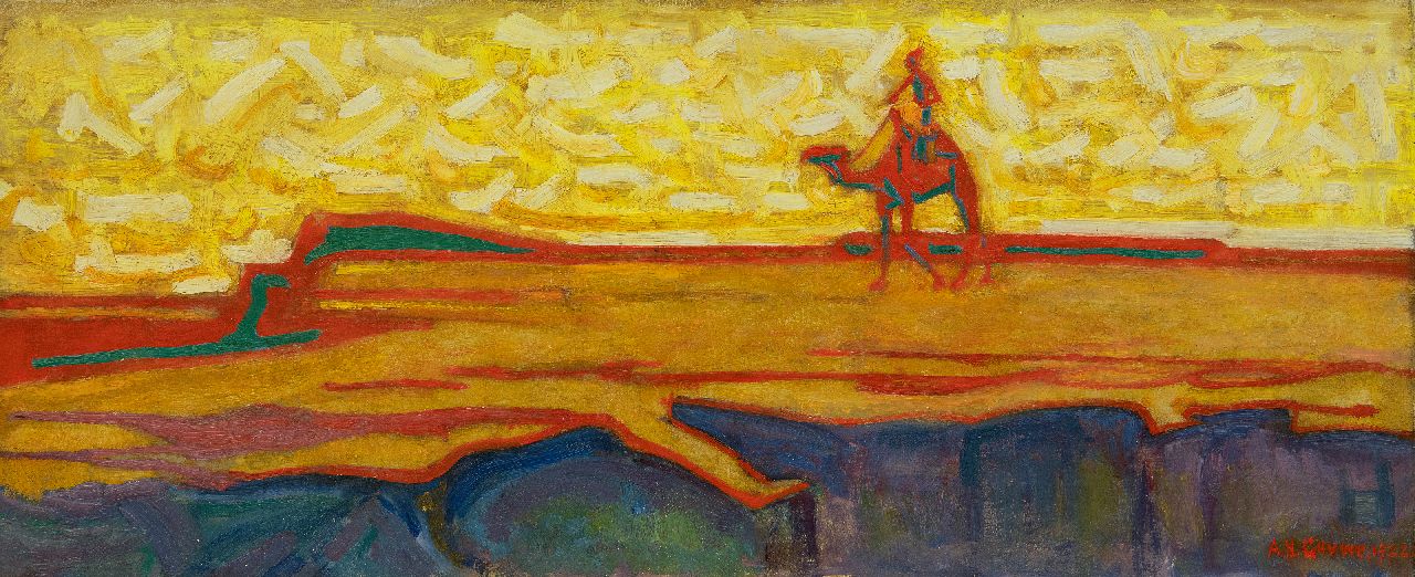 Herman Gouwe | Kamelenruiter in woestijnlandschap, olieverf op doek, 33,5 x 80,0 cm, gesigneerd r.o. en gedateerd 1922