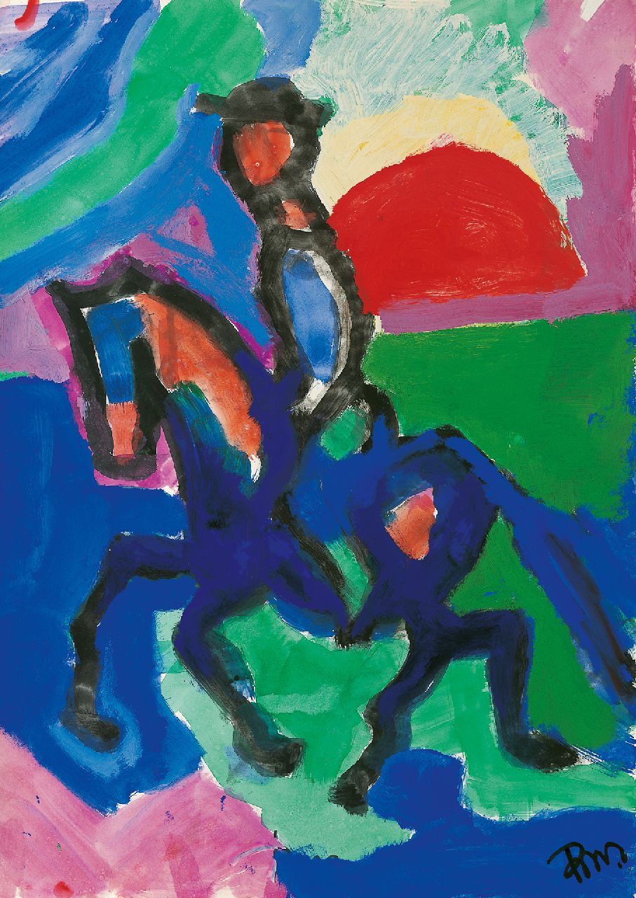 Benner G.  | Gerrit Benner, Man en paard, gouache op papier 70,0 x 50,0 cm, gesigneerd rechtsonder en verso en te dateren ca. 1957