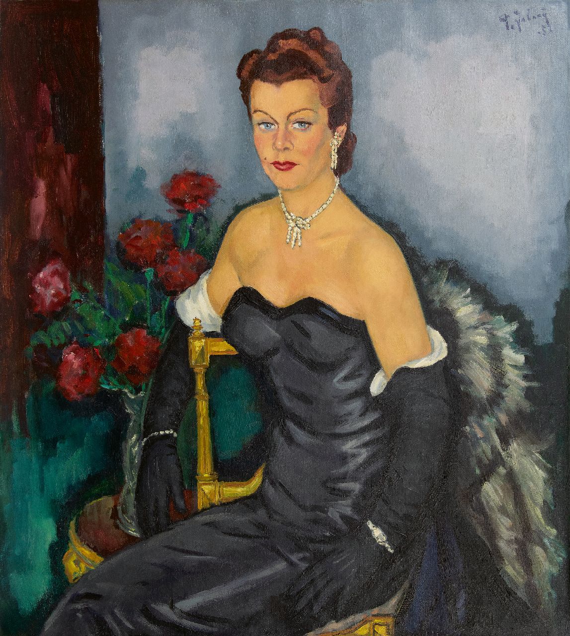 Jabaaij P.  | Piet 'Pleun' Jabaaij | Schilderijen te koop aangeboden | Portret van een vrouw in avondkleding, olieverf op doek 100,0 x 99,8 cm, gesigneerd rechtsboven en gedateerd '52, zonder lijst