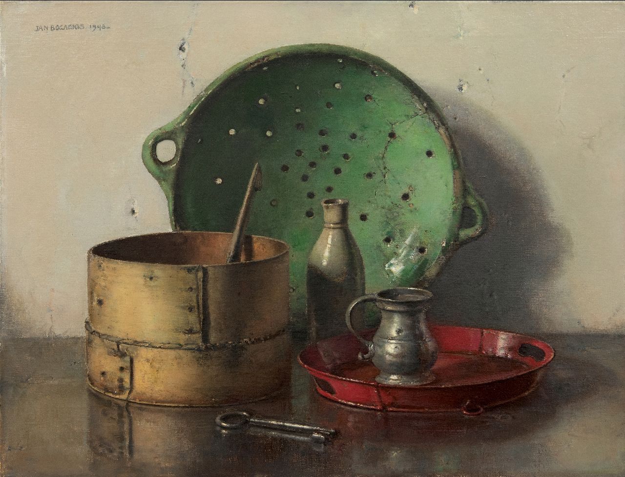 Bogaerts J.J.M.  | Johannes Jacobus Maria 'Jan' Bogaerts, Stilleven met groene zeef, olieverf op doek 50,2 x 66,1 cm, gesigneerd linksboven en gedateerd 1948
