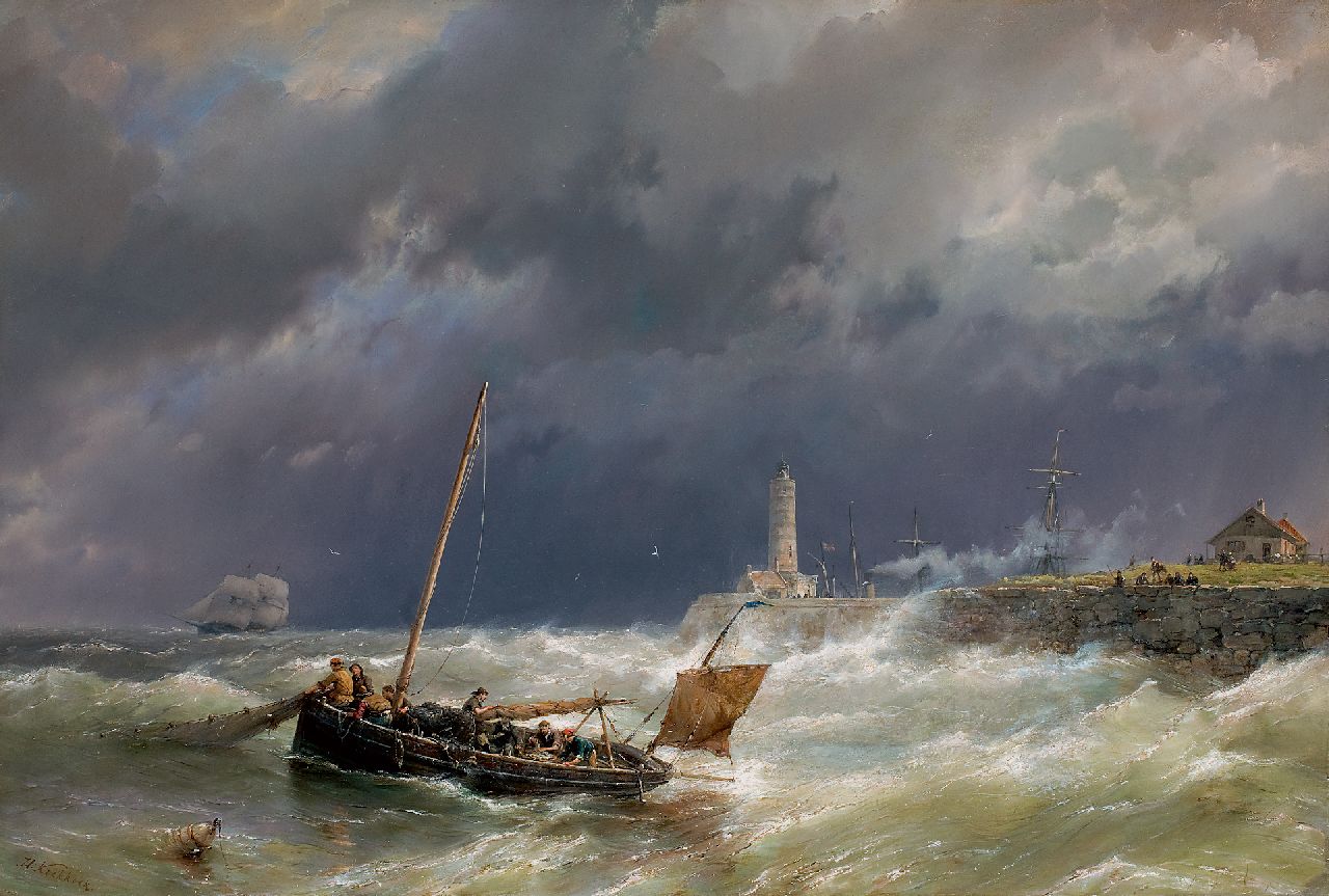Koekkoek H.  | Hermanus Koekkoek, Het binnenhalen van de netten bij stormachtig weer, olieverf op doek 67,4 x 100,7 cm, gesigneerd linksonder
