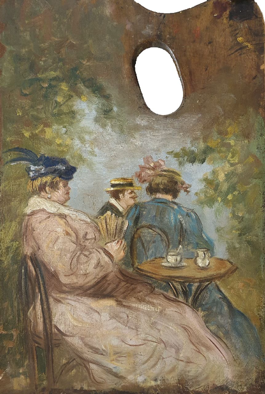 Hollandse School, 19e eeuw   | Hollandse School, 19e eeuw | Schilderijen te koop aangeboden | Figuren op een terras, geschilderd op schilderspalet, olieverf op paneel 27,9 x 17,6 cm