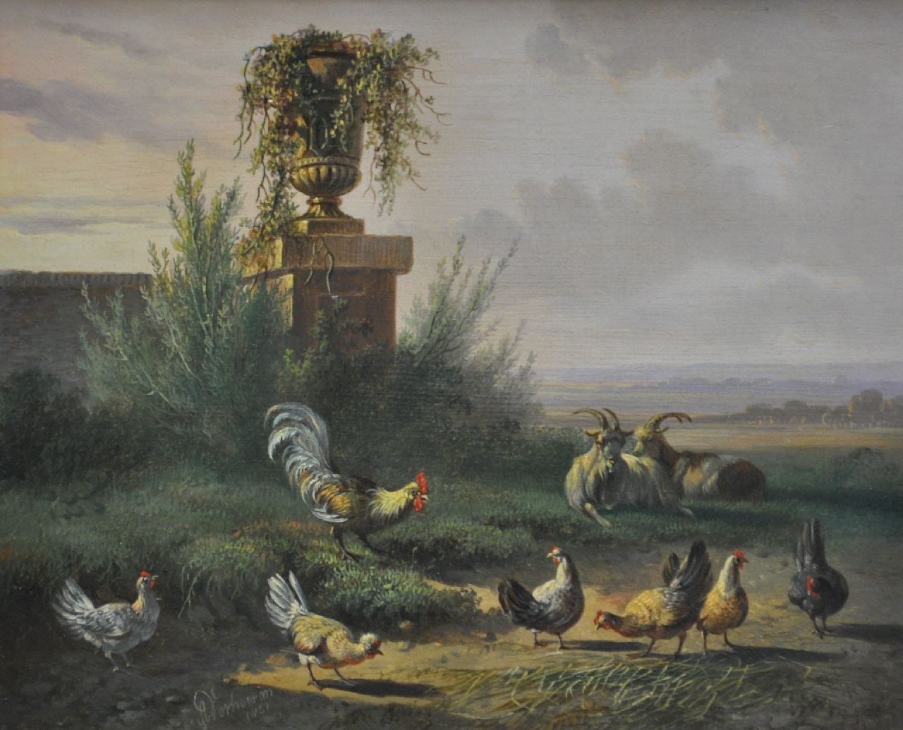 Verhoesen A.  | Albertus Verhoesen, Landschap met pluimvee en twee bokken, olieverf op paneel 18,0 x 22,1 cm, gesigneerd linksonder en gedateerd 1861