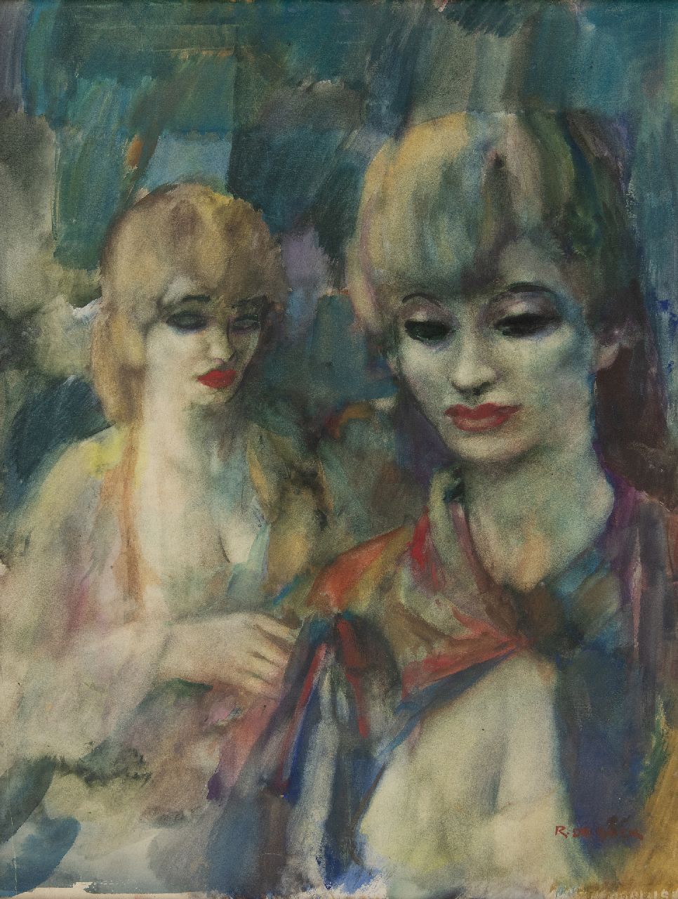 Buck R. de | Raphaël de Buck | Aquarellen en tekeningen te koop aangeboden | Twee vrouwen in het café, aquarel op papier 69,0 x 53,0 cm, gesigneerd rechtsonder