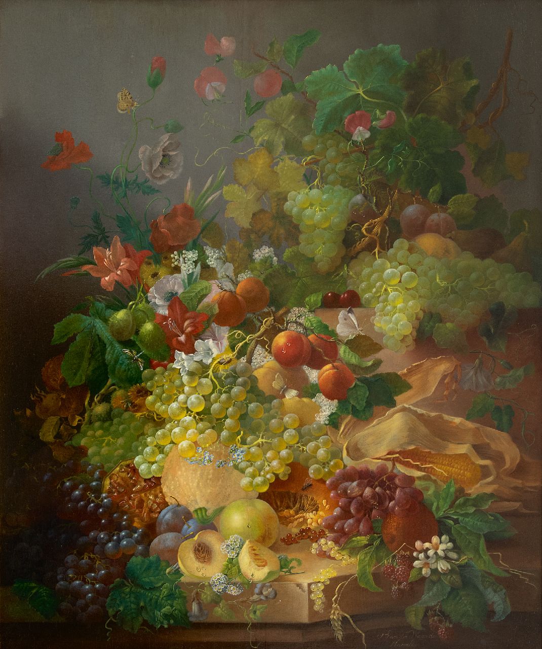 Jan van der Waarden | Stilleven met vruchten en bloemen, olieverf op paneel, 91,8 x 76,7 cm, gesigneerd r.o. en te dateren na 1850