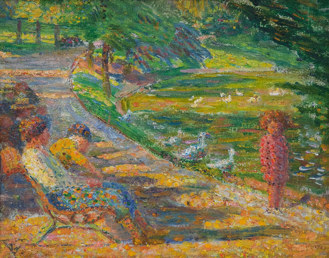Vallée L.  | Ludovic Vallée | Schilderijen te koop aangeboden | Een zomerse dag in het park, olieverf op board 18,4 x 24,1 cm, gesigneerd linksonder met monogram en te dateren ca. 1938