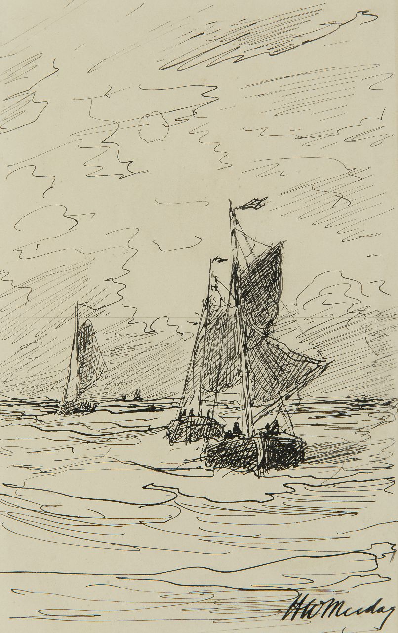 Mesdag H.W.  | Hendrik Willem Mesdag, Bomschuiten op zee, pen en inkt op papier 20,7 x 13,0 cm, gesigneerd rechtsonder