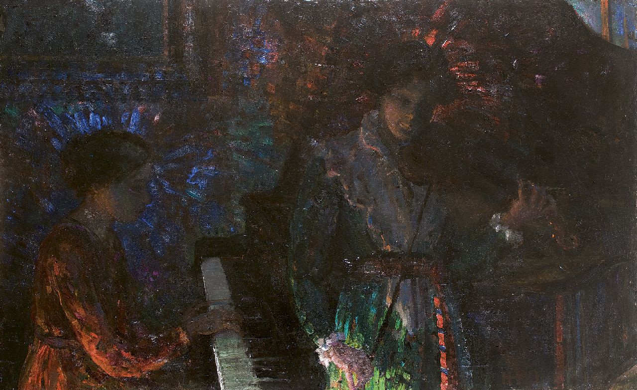 Kamerlingh Onnes H.H.  | 'Harm' Henrick Kamerlingh Onnes, Musicerende zusters van de schilder, olieverf op doek 100,3 x 160,4 cm, gesigneerd rechtsonder met monogram en te dateren ca. 1923