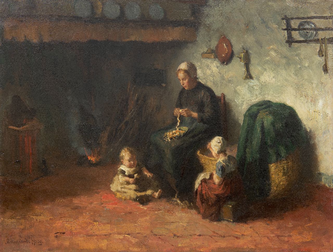 Hoog J.B. de | Johan 'Bernard' de Hoog | Schilderijen te koop aangeboden | Boereninterieur met jonge moeder en kinderen, olieverf op doek 50,0 x 65,5 cm, gesigneerd linksonder