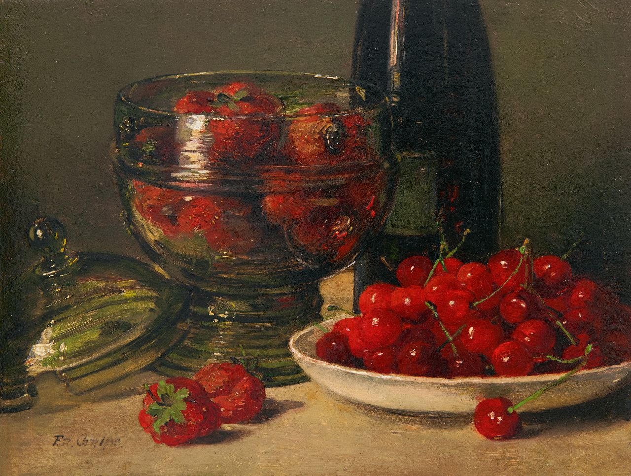 Grips F.  | Frédéric Antoine Marie 'Frits' Grips, Stilleven met kersen en aardbeien in glazen pot, olieverf op paneel 16,0 x 21,1 cm, gesigneerd linksonder