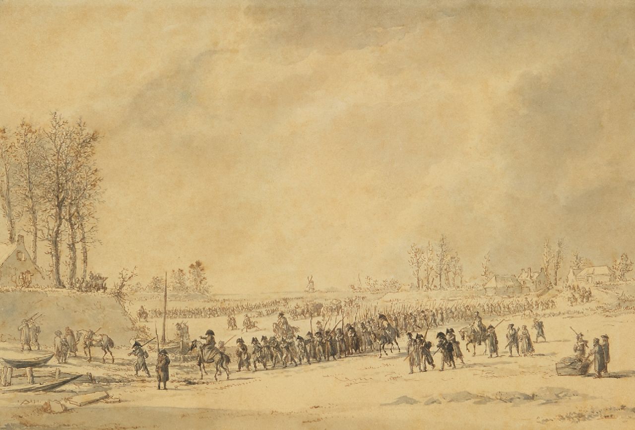 Langendijk D.  | Dirk Langendijk, Het oversteken van de Waal door de Franse troepen op 10 januari 1795, inkt op papier 16,1 x 23,8 cm